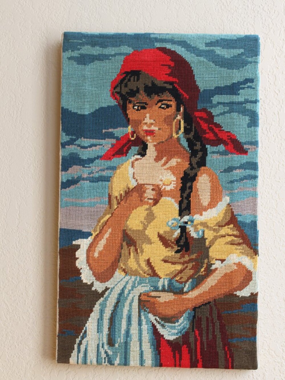 Vintage Needlepoint Portrait Wall hanging of a pirate or gypsy Woman